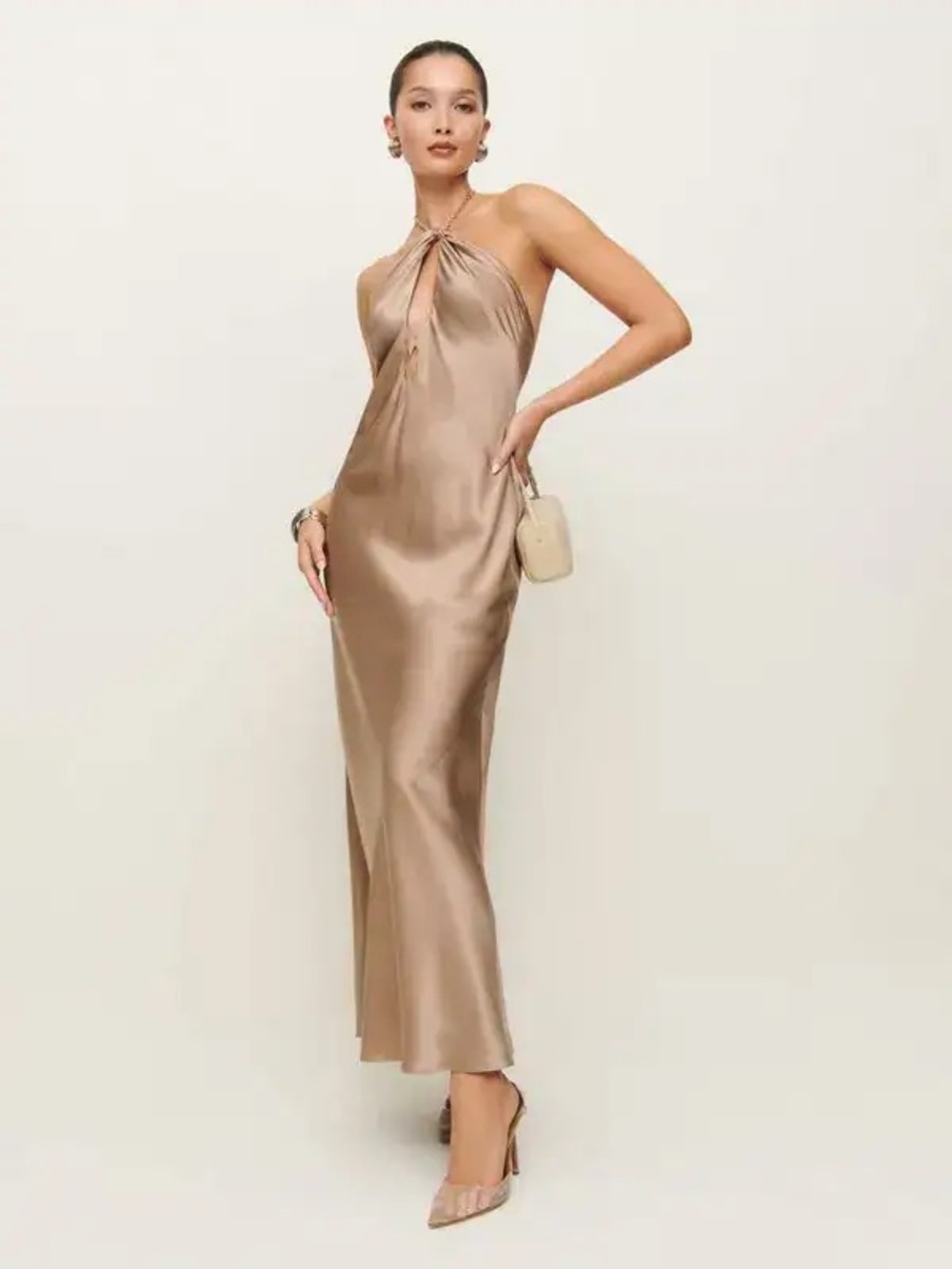 Reformation Ibiza Collection Yesenia Silk Halter Chain Maxi Dress, Macadamia, M